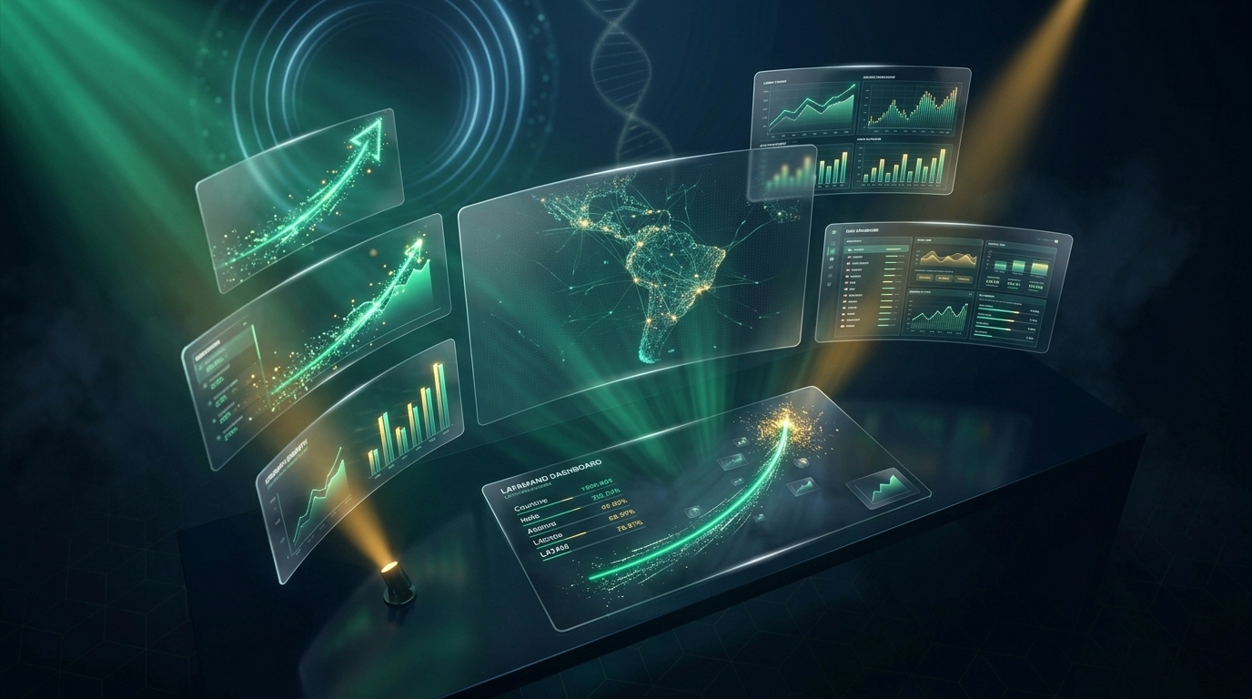 Centro de comando digital — dashboards de crecimiento y mapa de operaciones en Latinoamérica